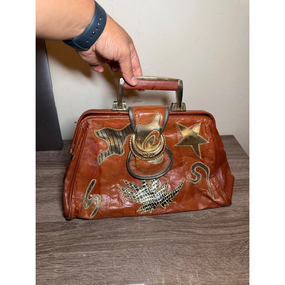 Vintage Leather Handbag Patchwork Celestial Doctor Bag Brown